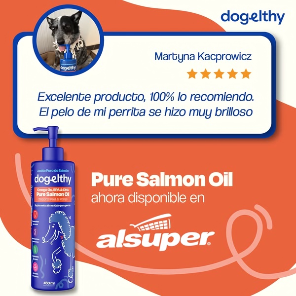A square ad creative featuring a 5-star customer review alongside a product shot of Dogelthy Pure Salmon Oil, highlighting visible pet health benefits.
